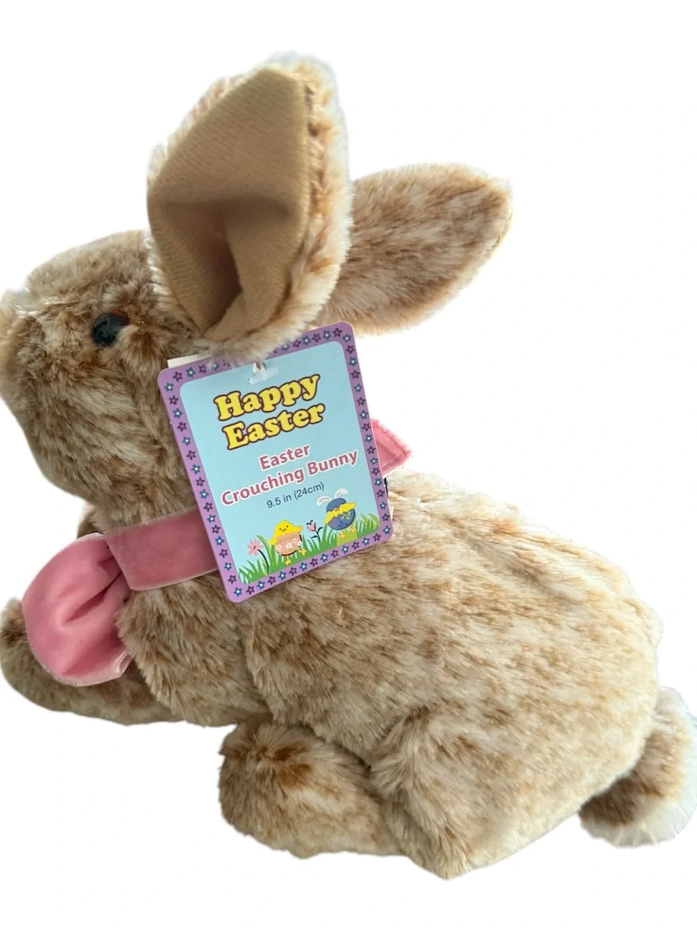 Happy Easter Crouching Bunny Plush with Pink Bow Stuffed Animal NWT